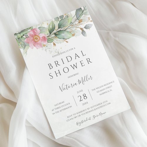 Eucalyptus Greenery Gold Pink Floral Bridal Shower Invitation