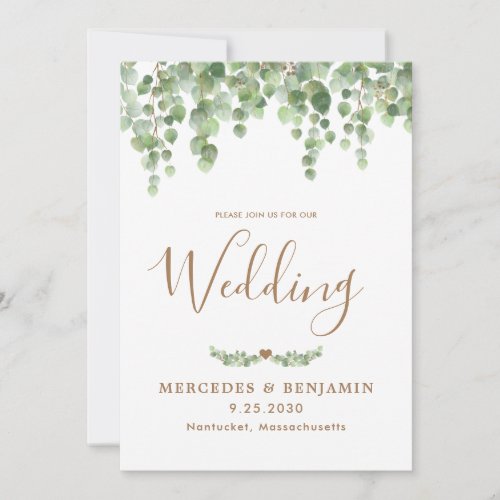 Eucalyptus Greenery Gold QR Code Wedding Invitation
