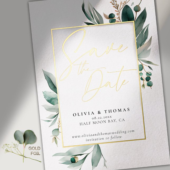 Eucalyptus Greenery Gold Romance Wedding Save Date Foil Invitation (modern simple wedding save the date typography calligraphy eucalyptus greenery emerald green gold )