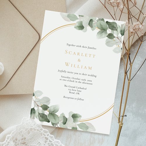 Eucalyptus Greenery Gold Sage Green Modern Wedding Invitation