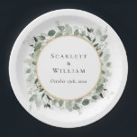 Eucalyptus Greenery Gold Sage Green Wedding Paper Plates<br><div class="desc">This eucalyptus greenery gold sage green wedding paper plates is a dreamy ensemble that embodies the essence of vintage charm and modern elegance. Featuring handcrafted designs adorned with eucalyptus greenery, and dusty rose florals accented with gold geometric borders and typography against a bright white and sage background. Explore our collection...</div>