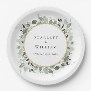 Eucalyptus Greenery Gold Sage Green Wedding Paper Plates