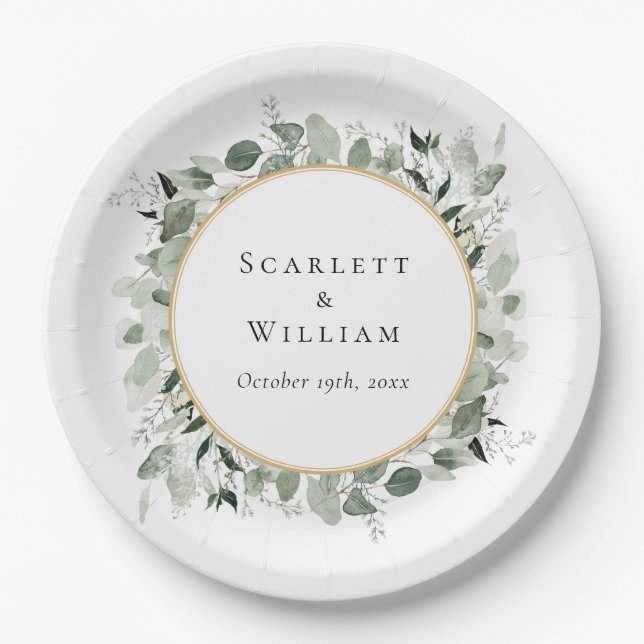Eucalyptus Greenery Gold Sage Green Wedding Paper Plates (Front)