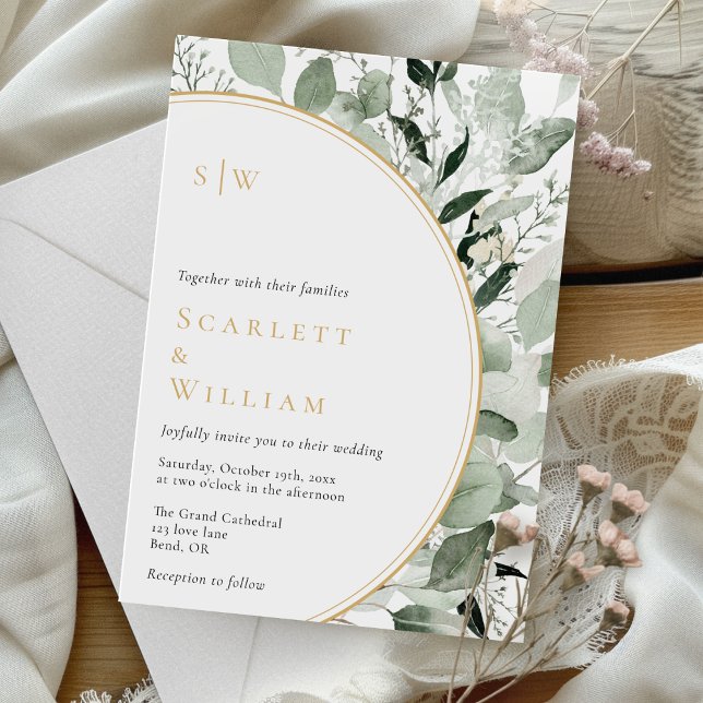 Eucalyptus Greenery Gold Sage Monogram Wedding Invitation (Creator Uploaded)