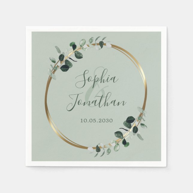 Eucalyptus Greenery Gold Sage Personalized Wedding Napkins (Front)
