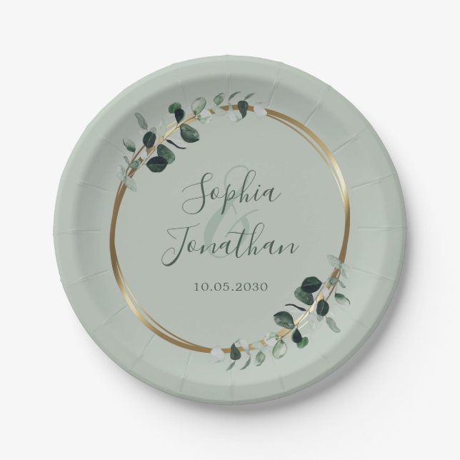 Eucalyptus Greenery Gold Sage Personalized Wedding Paper Plates (Front)