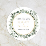 Eucalyptus Greenery Gold Sage Wedding Thank You Classic Round Sticker<br><div class="desc">This eucalyptus greenery gold sage wedding thank you classic round sticker is a dreamy ensemble that embodies the essence of vintage charm and modern elegance. Featuring handcrafted designs adorned with eucalyptus greenery, and dusty rose florals accented with gold geometric borders and typography against a bright white and sage background. Explore...</div>