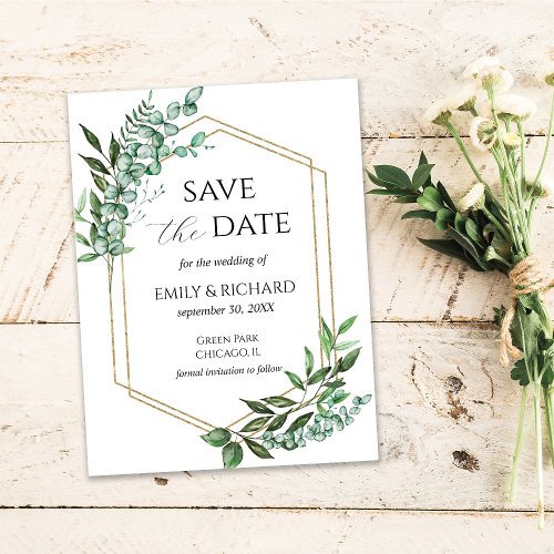 Eucalyptus Greenery Gold Save the Date Postcard