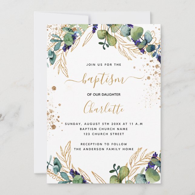 Eucalyptus greenery gold script baptism invitation (Front)