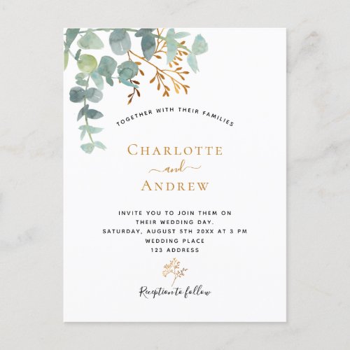 Eucalyptus greenery gold simple elegant wedding postcard