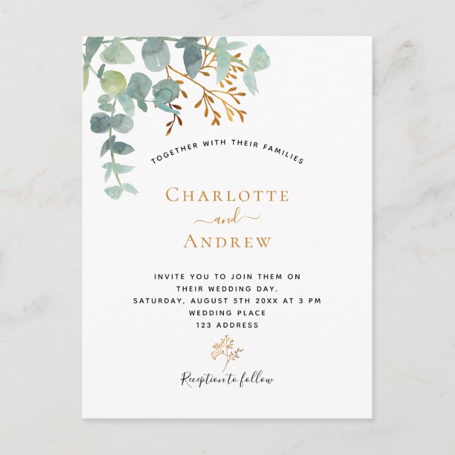 Eucalyptus greenery gold simple elegant wedding postcard (Front)