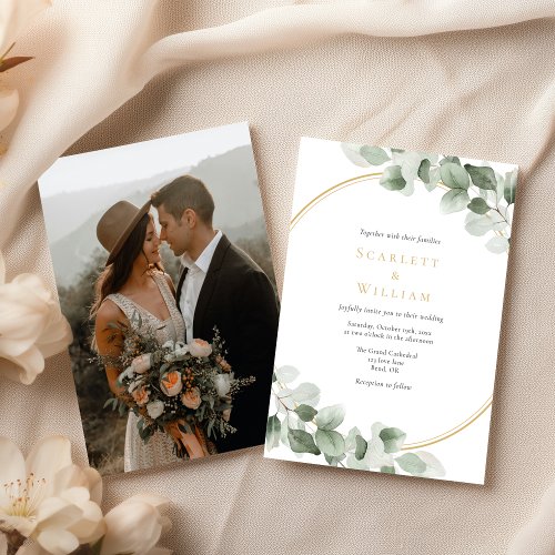 Eucalyptus Greenery Gold Simple Photo Wedding Invitation