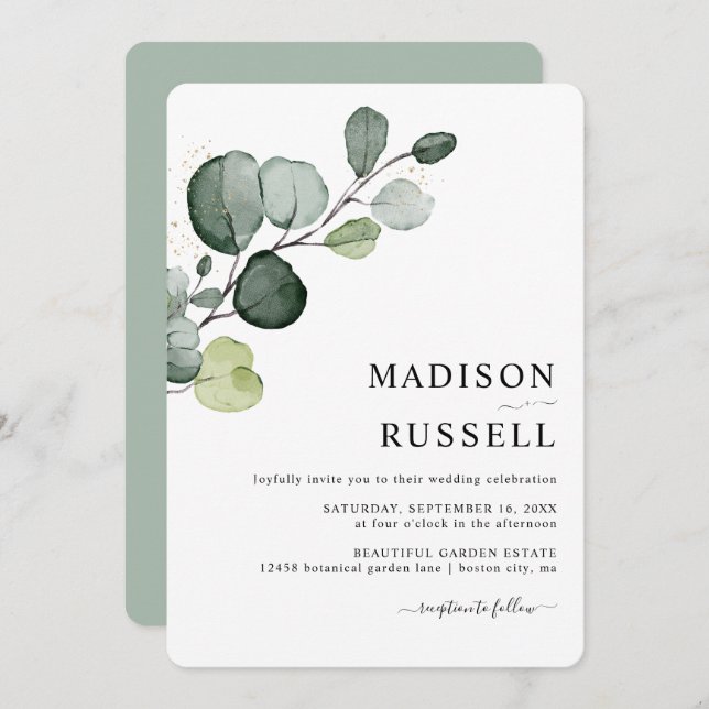 Eucalyptus Greenery Gold Splatter Wedding Invitation (Front/Back)