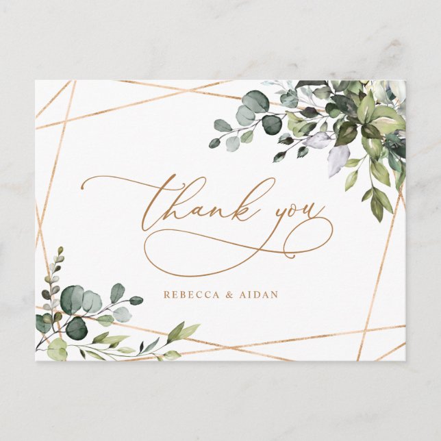 Eucalyptus Greenery Gold Text Wedding Thank You Postcard (Front)