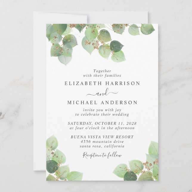 Eucalyptus Greenery Gold Watercolor Wedding Invitation (Front)