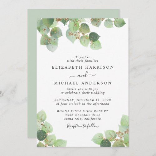 Eucalyptus Greenery Gold Watercolor Wedding Invitation