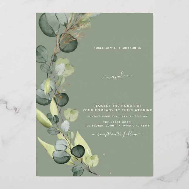 Eucalyptus Greenery Gold Wedding Foil Invitation (Front)