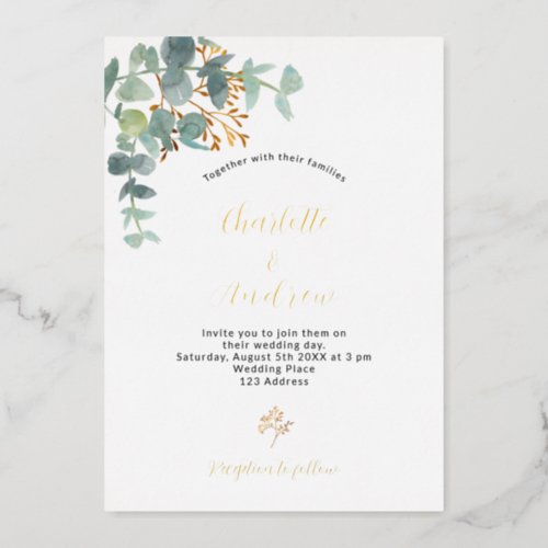 Eucalyptus greenery gold wedding foil invitation