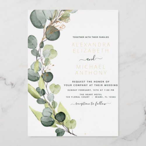 Eucalyptus Greenery Gold Wedding  Foil Invitation