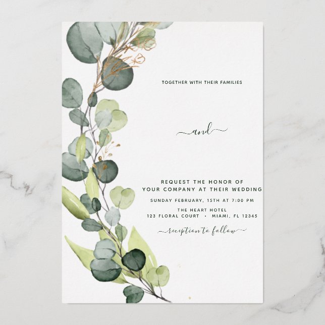 Eucalyptus Greenery Gold Wedding  Foil Invitation (Front)