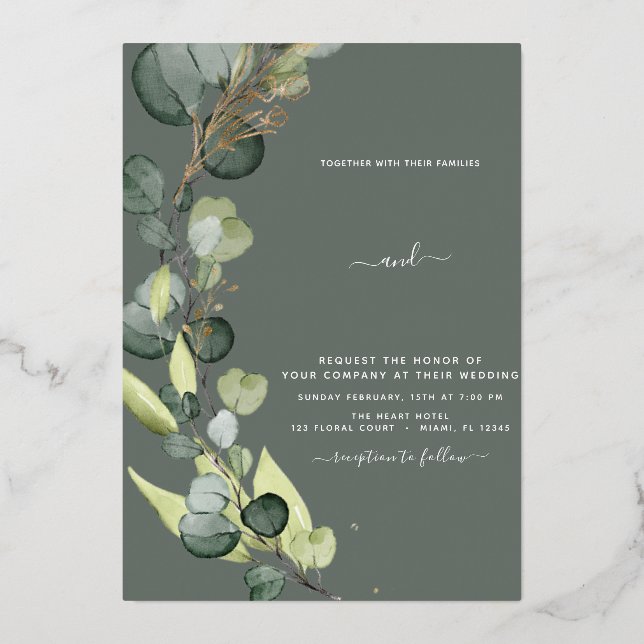 Eucalyptus Greenery Gold Wedding Foil Invitation (Front)