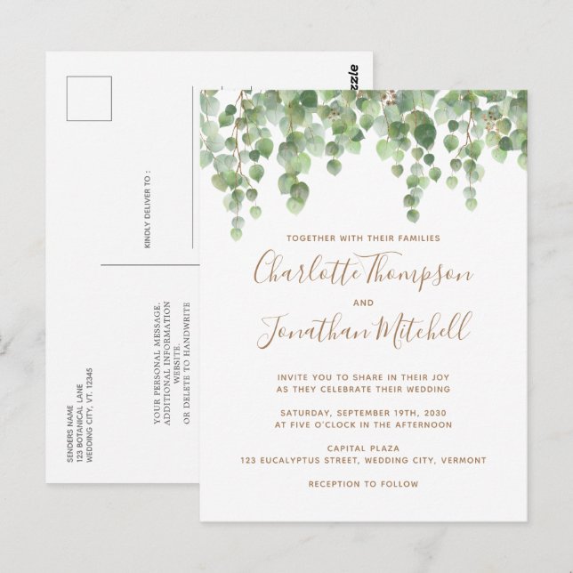 Eucalyptus Greenery Gold Wedding Invitation Postcard (Front/Back)