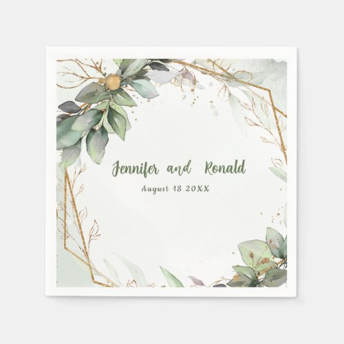 Eucalyptus Greenery Gold  Wedding Personalized  Napkins