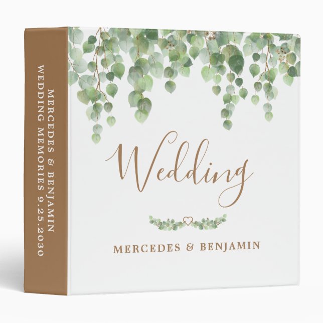 Eucalyptus Greenery Gold Wedding Photo Album 3 Ring Binder (Front/Spine)