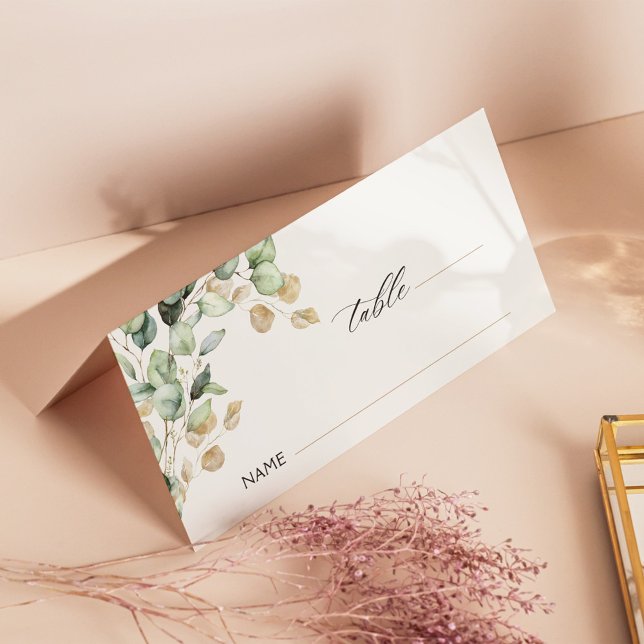 Eucalyptus Greenery & Gold Wedding Photo Folded Place Card (Creator Uploaded)