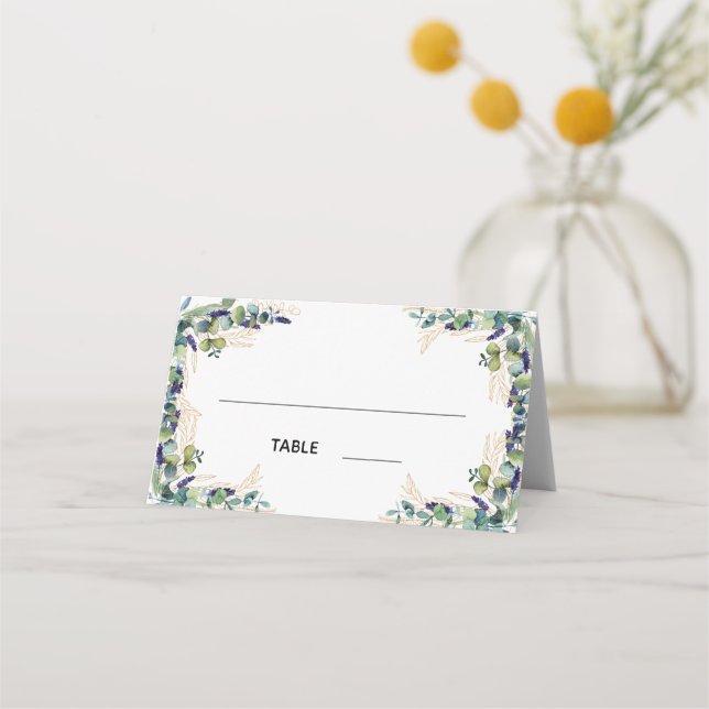 Eucalyptus greenery gold wedding place card (Front)
