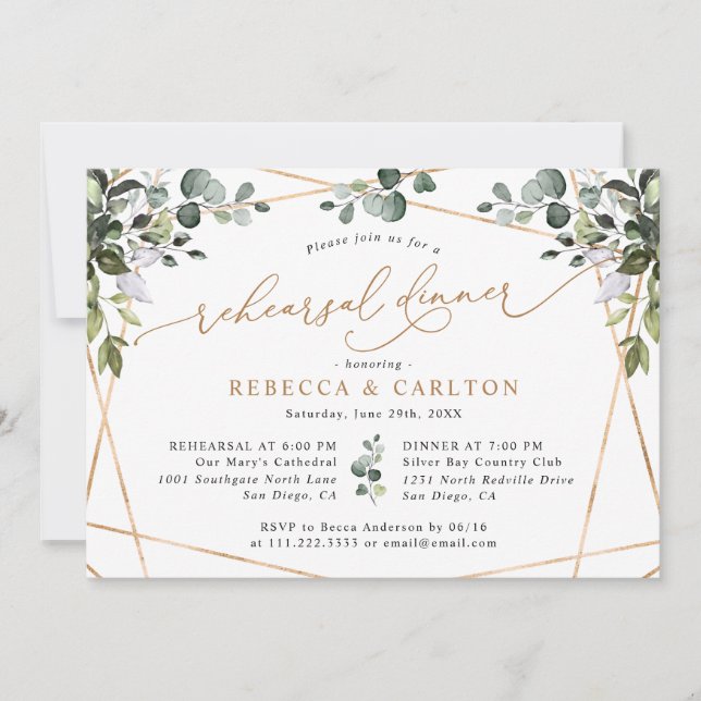 Eucalyptus Greenery Gold Wedding Rehearsal Dinner Invitation (Front)