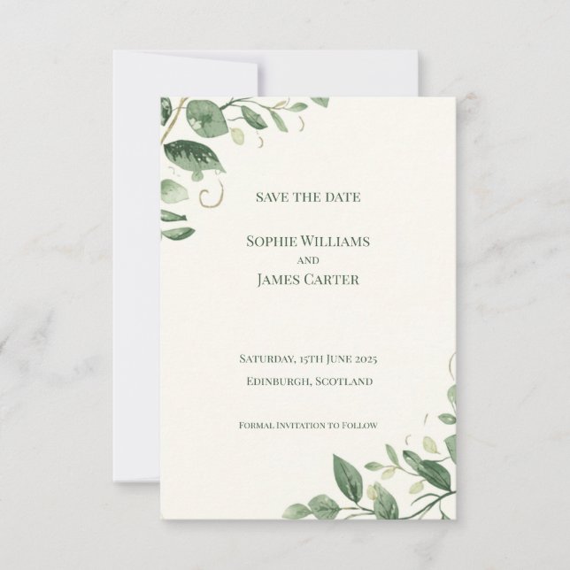 Eucalyptus Greenery Gold Wedding Save The Date Car (Front)