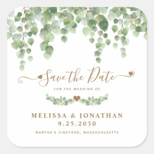 Eucalyptus Greenery Gold Wedding Save The Date Square Sticker