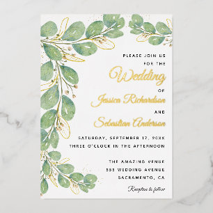 Eucalyptus Greenery Gold White Elegant Wedding Foil Invitation
