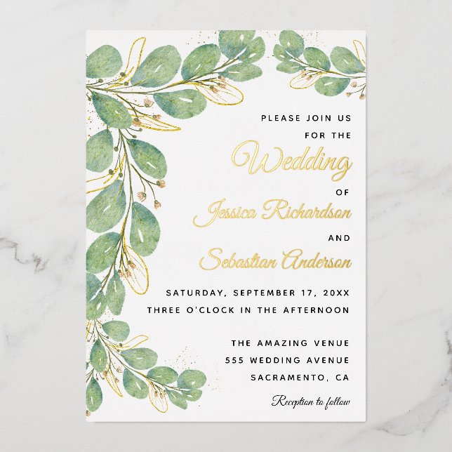 Eucalyptus Greenery Gold White Elegant Wedding Foil Invitation (Front)