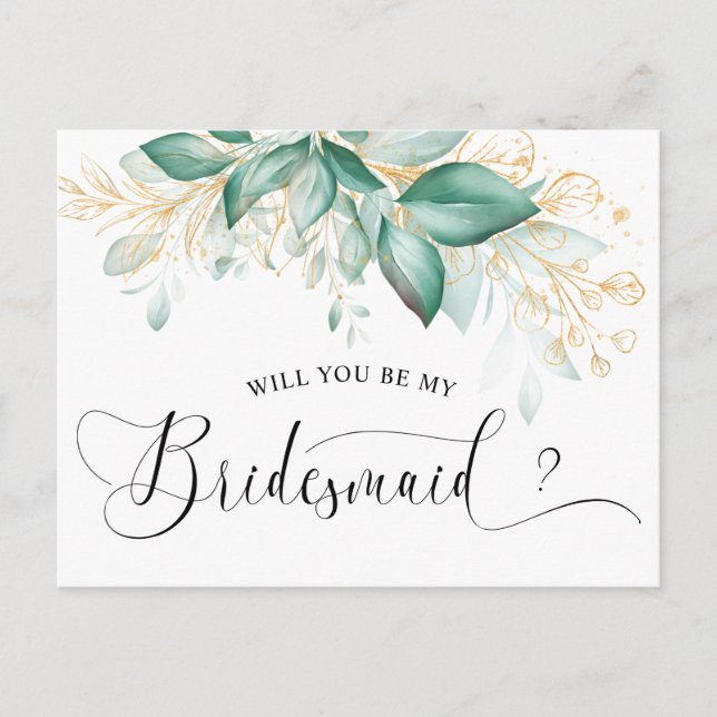 eucalyptus greenery gold will you be my bridesmaid postcard (Front)