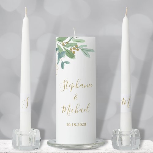 Eucalyptus Greenery Green Gold Personalized Unity Candle Set