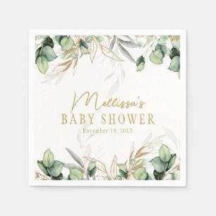 Eucalyptus Greenery Green Leaf & Gold Baby Shower Napkins
