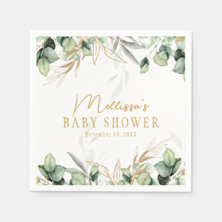 Eucalyptus Greenery Green Leaf & Gold Baby Shower Napkins
