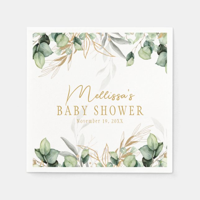 Eucalyptus Greenery Green Leaf & Gold Baby Shower  Napkins (Front)