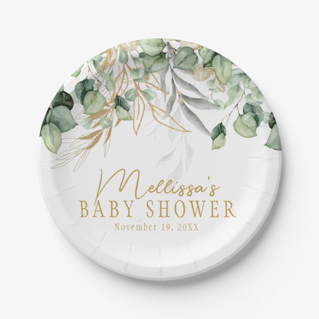Eucalyptus Greenery Green Leaf & Gold Baby Shower  Paper Plates (Front)