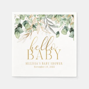 Eucalyptus Greenery Green Leaf & Gold Hello Baby Napkins