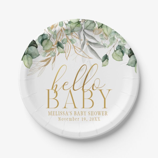 Eucalyptus Greenery Green Leaf & Gold Hello Baby Paper Plates (Front)