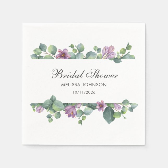Eucalyptus Greenery Green Purple Bridal Shower Napkins (Front)