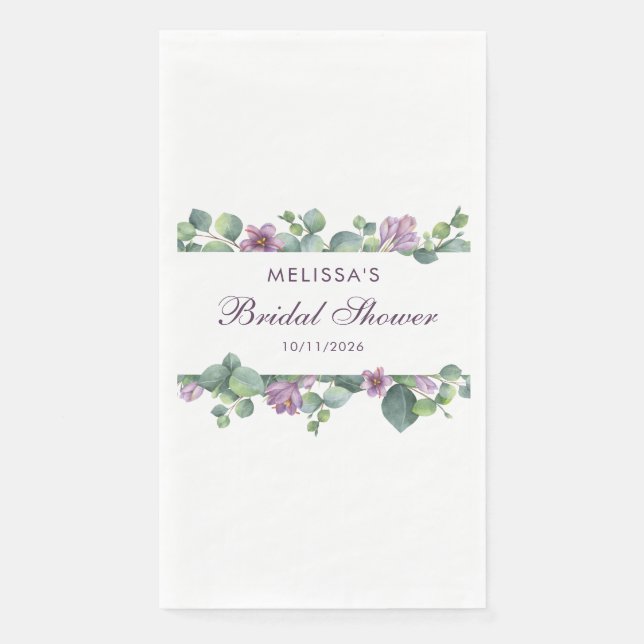 Eucalyptus Greenery Green Purple Bridal Shower Paper Guest Towels (Front)