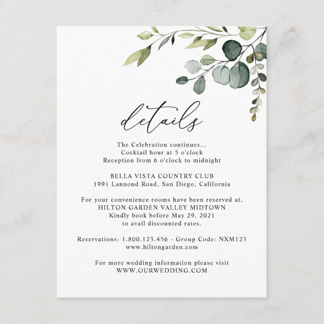 Eucalyptus Greenery Guest Information Details Enclosure Card