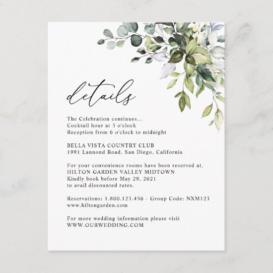 Eucalyptus Greenery Guest Information Details Enclosure Card