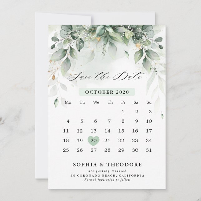 Eucalyptus Greenery Gum Botanical Rustic Calendar Save The Date (Front)