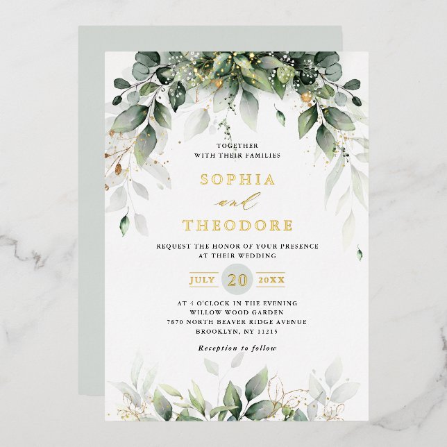 Eucalyptus Greenery Gum Botanical Rustic Wedding Foil Invitation (Front/Back)