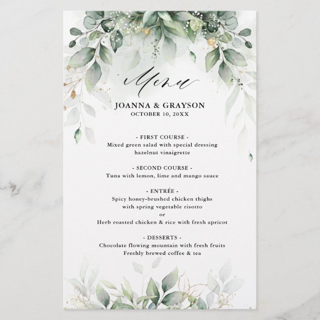Eucalyptus Greenery Gum Botanical Wedding Menu (Front)